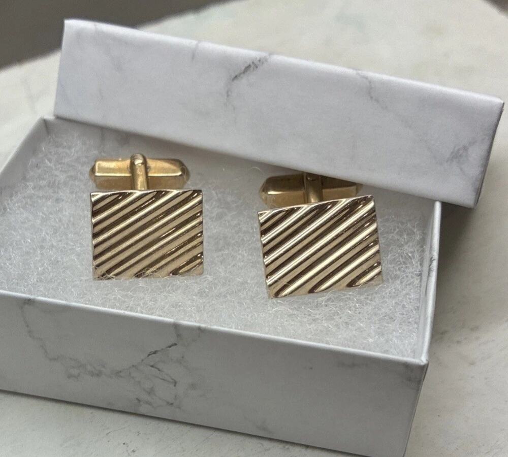 Vtg Swank Gold Tone Cufflinks Square w/Cut Out Stripes L2